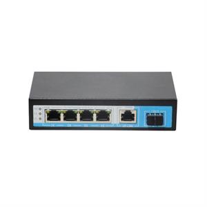 Switch 4 porte gigabit, 1 Porta Uplink Gigabit, 1 Porta SFP, fino a 250 metri, con Funzione VLAN, 65W